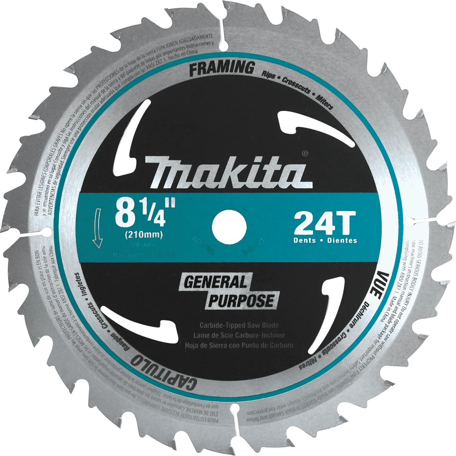Hoja de 8 1/4" con Puntas de Carburo para Sierra Circular 24T, para Estructuras